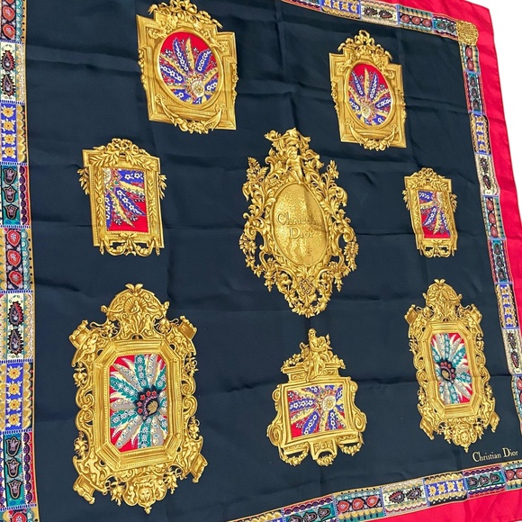Christian Dior Silk Scarf w/ COA Baroque Frame Print– Black Red Gold– Authentic - Picture 4 of 9